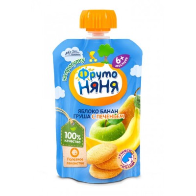 Пюре Фруто няня из яблок, бананов, груш с печеньем 90г