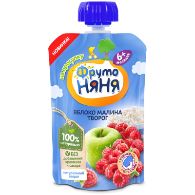 Пюре ФрутоНяня из яблоко/малина/творог 90г