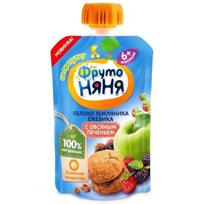 Пюре ФрутоНяня из яблок/земляник/ежевик с овсян. печеньем 90г пауч