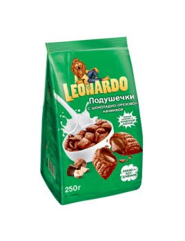 Завтрак готовый Леонардо подушечки с шоколадно-ореховой начинкой 250гр