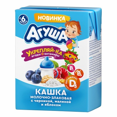 Каша Агуша Укрепляйка молочно-злаковая с черникой, малиной и яблоком 200мл