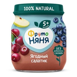 Пюре ФрутоНяня Ягодный салатик из яблок с черникой и вишней 100г ст/б