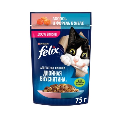 FELIX Корм для кошек Аппетитные кусочки Двойная вкуснятина Лосось и форель в желе 75гр пауч
