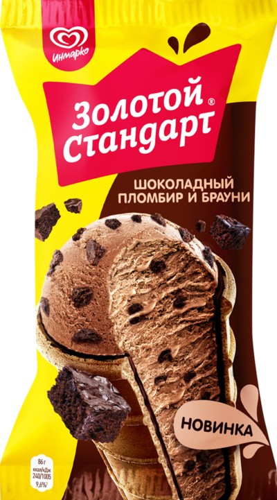 Мороженое вафельный стаканчик Золотой стандарт шоколадный пломбир и брауни 90г Инмарко